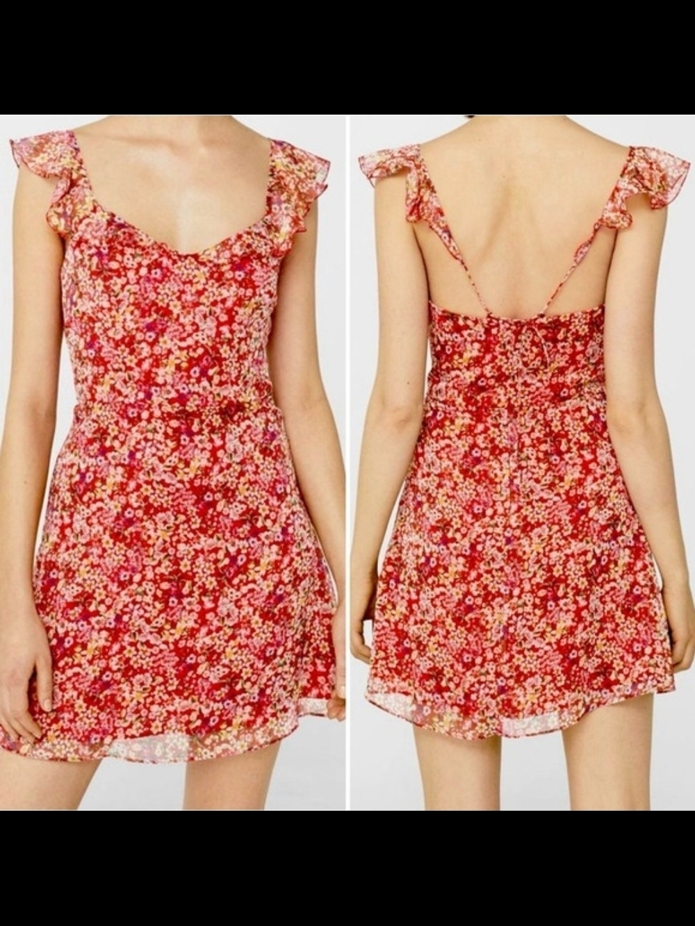 Mango Red Floral Mini Dress with Ruffle Straps